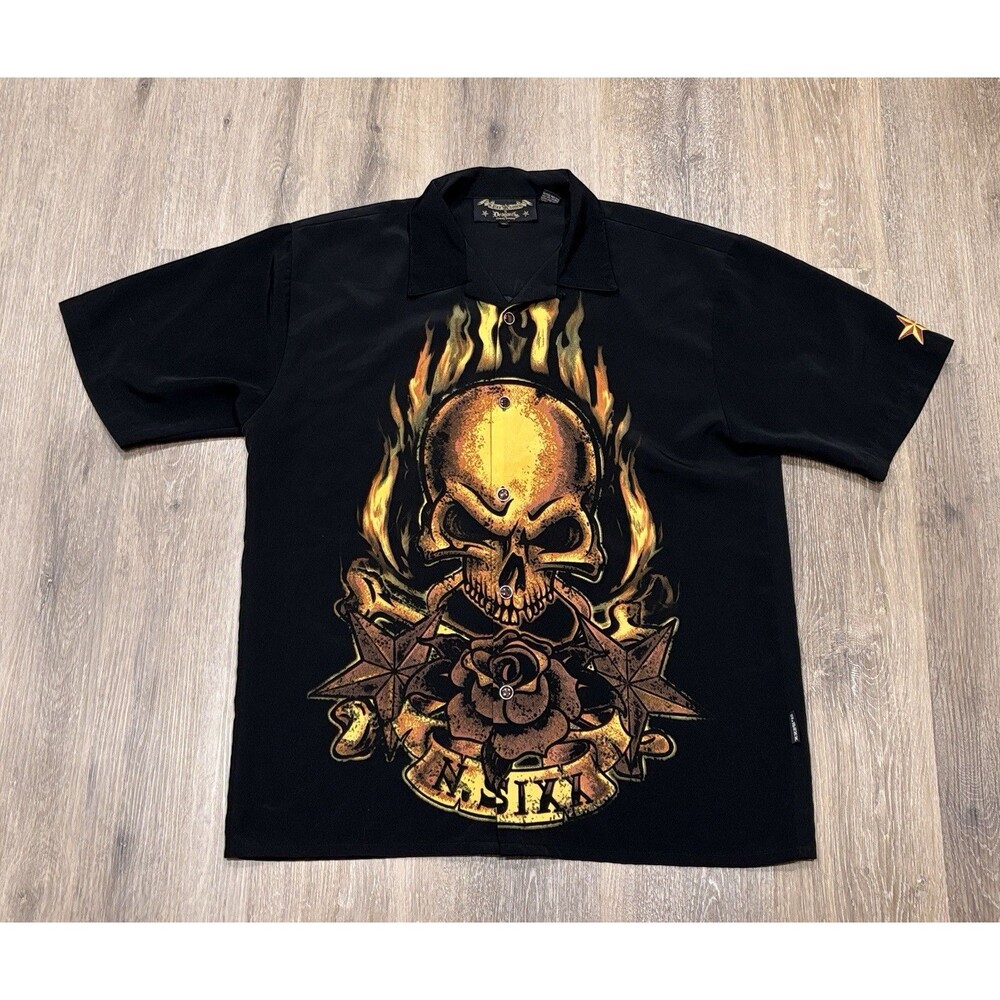 N SIXX Dragonfly Shirt Mens XL Flaming Skull Rose Biker Cyber Moto Y2K Vintage